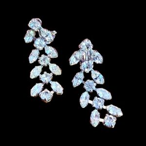 Vintage Bridal Earrings Rhinestone Clip on  Signed B David Silver Tone .75"